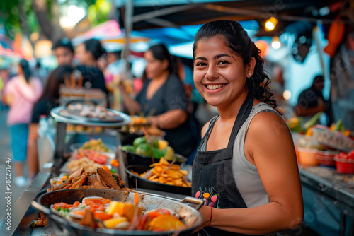 Hispanic Latina woman small business vendor in street market