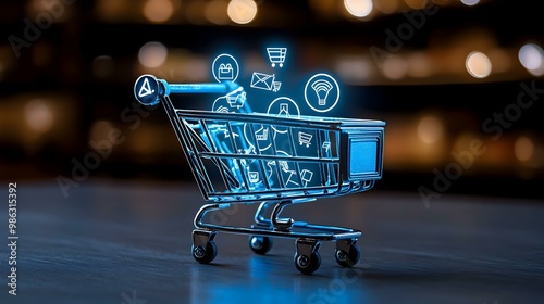 Futuristic digital shopping cart amidst advanced technology, vibrant colors, sleek design, showcasing modern consumerism and innovation.