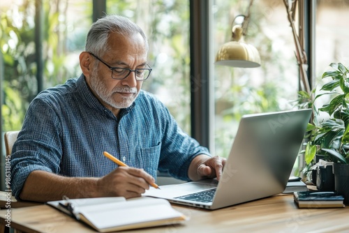 senior man sitting at desk with laptop, participating in online class, with notebook and pen ready for taking notes