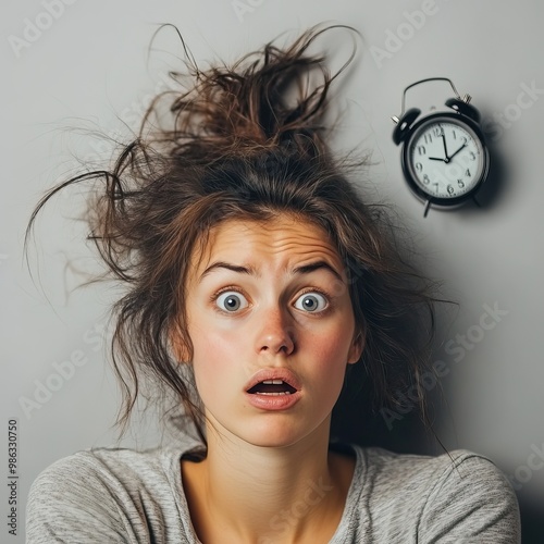 Sleepless, wakeful, and unsleeping Woman with messy hair looking shocked at the alarm clock. AI generated image