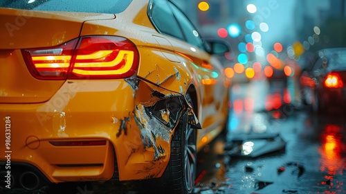 Close-up view of the damaged yellow car