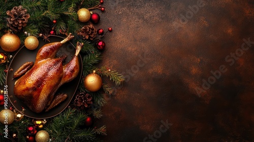 a christmas Menue with roast goose on brown background with copy space