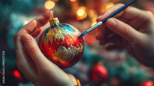 A close-up of a childs hands painting a Christmas ornament with festive colors