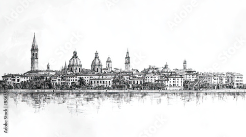 Modena, Italy, black and white pen pencil hand-drawn effect drawing illustration for travel poster, card, wallpaper, backdrop or banner. Modern, clear, artistic and simple