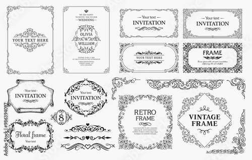 Design elements set, decorative flourish border corner and frame collection for invitation, menu and page decoration