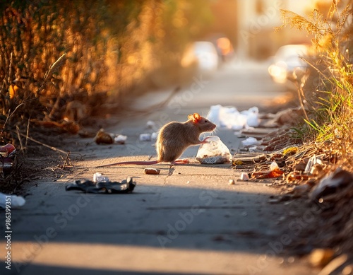 Rat noir nuisible dans la rue ou dans une impasse mangeant des déchets dans un quartier résidentiel par beau temps