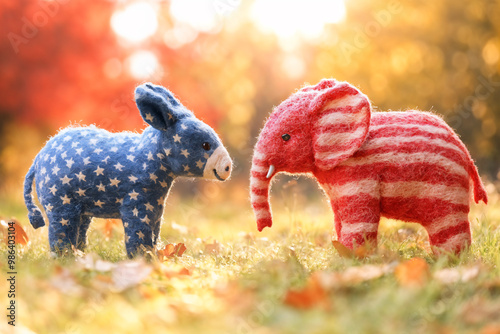 Felt Handcrafted Republican Elephant and Democratic Donkey in Peaceful Coexistence. Concept American Election Year Politics.