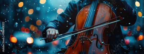 A man playing a cello in the snow