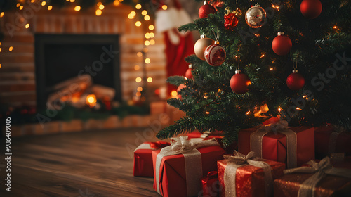 un arbol de navidad junto a la chimenea de una sala decorada de navidad debajo del arbol hay cajas de regalos envueltas para la fiesta y cena navideña decoraciones en color rojo brillantes tradicion