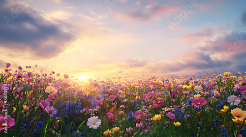 un bello atardecer en un campo hermoso de flores coloridas en el campo crecimiento de flores al aire libre