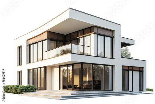 Modern two-story residential house with large windows and a sloping roof i,Isolated on transparent background