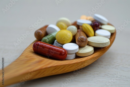 Assorted pharmaceutical medicine pills tablets and capsules on wooden spoon