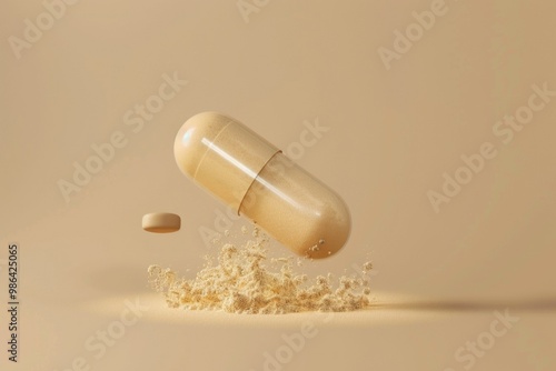 opened capsule showing supplement powder on beige colour background