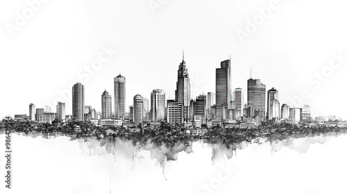 Surabaya, Indonesia, black and white pen pencil hand-drawn effect drawing illustration for travel poster, card, wallpaper, backdrop or banner. Modern, clear, artistic and simple