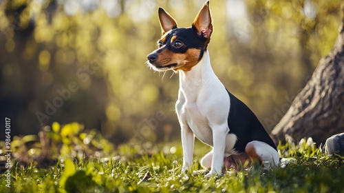 A playful Toy Fox Terrier sitting on a , showcasing its small stature and lively personality