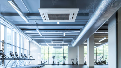 Modern gym interior featuring air conditioning unit and fitness equipment, creating comfortable workout environment. spacious design enhances overall experience