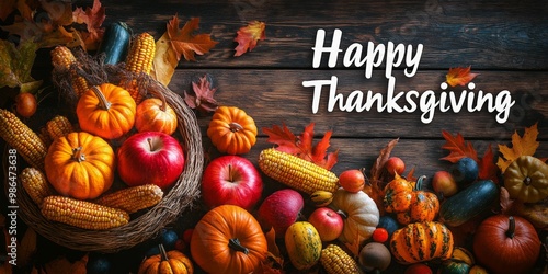 Thanksgiving pumpkins with fruits and falling leaves