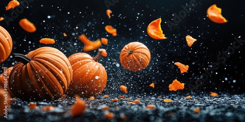 Dynamic fall scene of pumpkins shattering dramatically with orange fragments