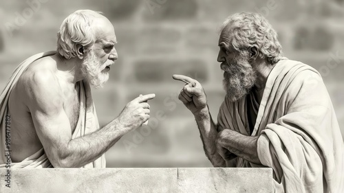 An ancient philosophical debate scene with Greek philosophers in robes