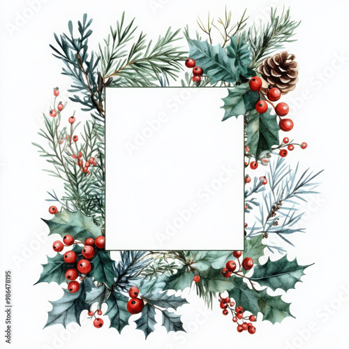 Watercolor christmas frame with fir branches, pine cone, cotton, leaves isolated on white background. Botanical winter greenery holiday illustration for wedding invitation card design