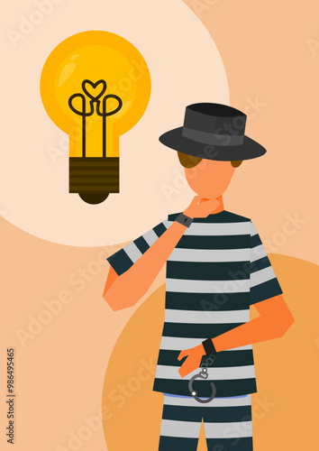 Male prisoner cartoon character thinking of creative ideas. Vector illustration. Suitable for criminal solution, crime, and law content