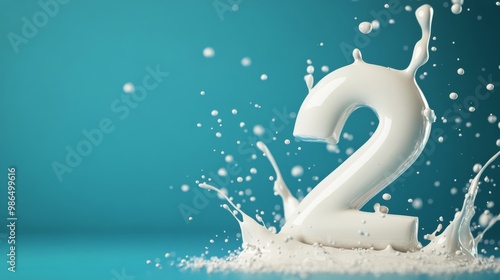 Splashing number two surrounded by milk droplets against a blue background