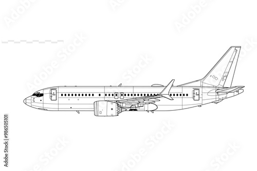 Boeing 737 MAX 7. Vector drawing of narrow-body passenger jet airliner. Side view. Image for illustration and infographics.