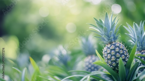 Fresh pineapples growing abundantly in a tropical garden under natural sunlight