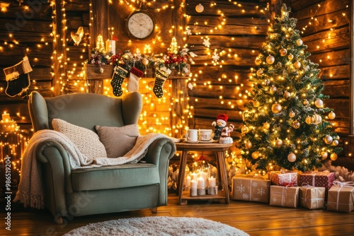 Cozy Living Room with Christmas Tree and Festive Lights