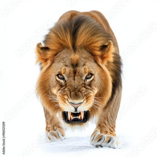 Majestic lion prowling fiercely, showcasing its powerful presence and striking mane in a dramatic pose against a white backdrop.