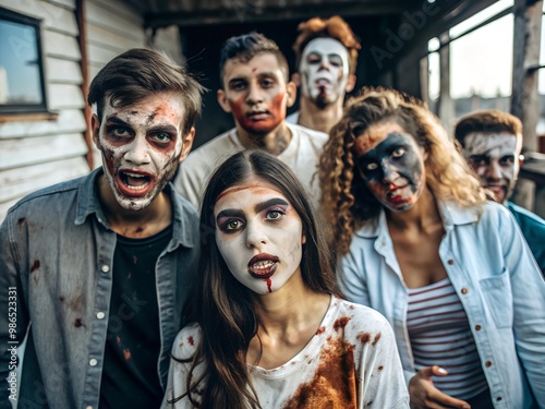 Zombies halloween concept | Young people celebrate Halloween. Group of friends in various Halloween spooky costumes pretend that they are walking dead and walking like zombies in room with red light