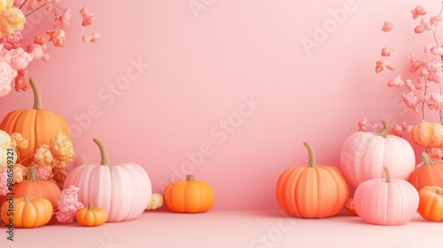 3D illustration of pink and orange pumpkins, thanksgiving day