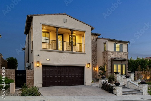 Modern two-story house at dusk