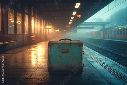 A vintage suitcase awaits on a foggy platform as a train arrives at the station.