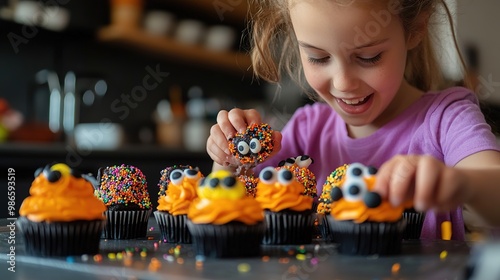 A child excitedly decorating Halloween cupcakes with a baking kit, adding sprinkles, icing, and candy eyes for a spooky final touch.