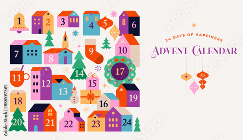 Merry Christmas, Advent Calendar. Concept design with Christmas village, decorations, gifts and homes. Vector illustration