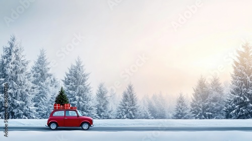 A small red car traveling along a winter road covered in snow, adorned with a Christmas tree on its roof and surrounded by colorful gift boxes in the forest