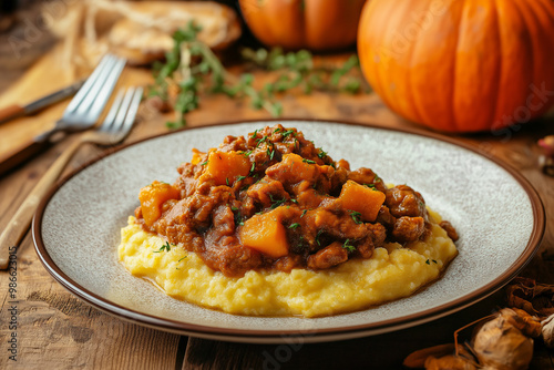 Ragu with pumpkin served with polenta on a traditionally decorated plate