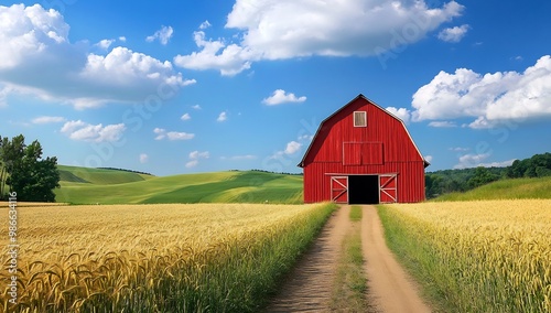 red barn standing tall in the middle of a golden wheat field