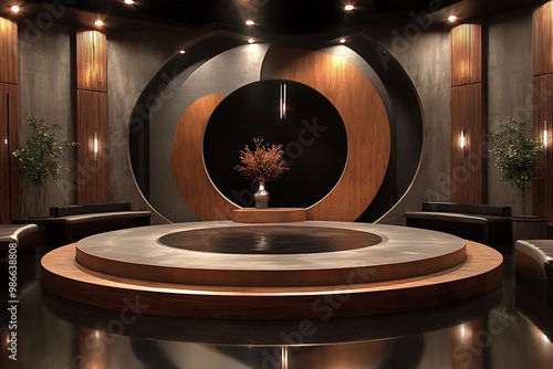 Modern circular stage with dark wood floor and metallic ring decor, ideal for TV show or presentation background