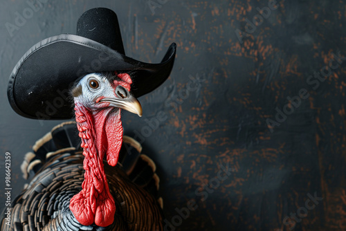 Turkey Dressed As an American Colonist Pilgrim in a 16th Century Hat Celebrating the Humorous Side of Thanksgiving Tradition