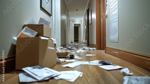 a cluttered hallway with unopened mail and discarded packaging