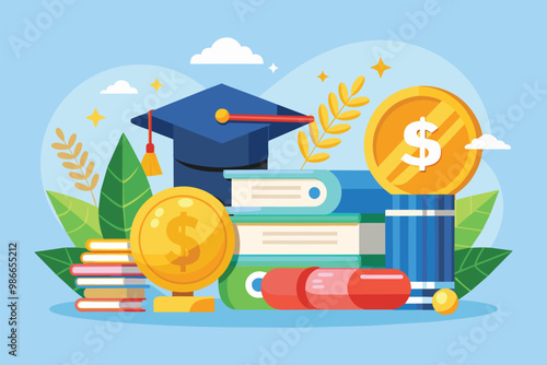 This illustration showcases elements of college tuition including a graduation cap, books, and money symbols, College tuition graduation, scholarship education, flat illustration.