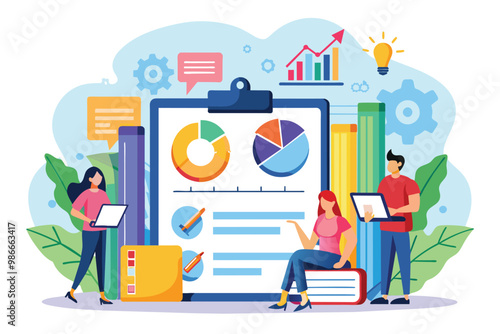 A team works on a monthly report, analyzing data charts and collaborating with digital devices, Create a monthly report with business data, using a flat illustration.