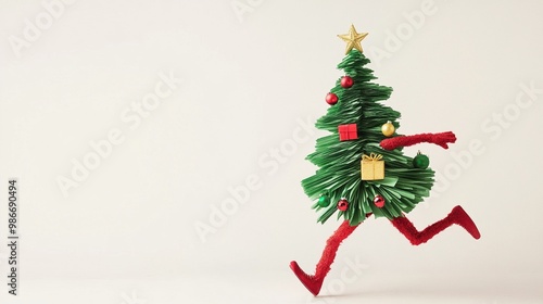 Whimsical Christmas tree on the run: Festive evergreen adorned with ornaments and a star sprints across a white background on red pipe cleaner legs.