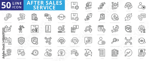 After sales service icon set with guarantee, maintenance, repair, support, customer, satisfaction, feedback, complaint, service and assistance.