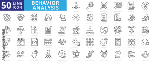 Behavior analysis icon set with experiment, observation, reinforcement, punishment, stimulus, response, conditioning, learning, baseline and motivation.