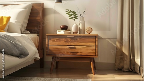 A wooden nightstand with two drawers sits beside a bed in a minimalist bedroom. The light wood tones create a warm and inviting atmosphere.