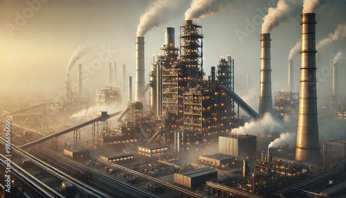 Industrial factory with smoking chimneys towering above heavy machinery and extensive infrastructure. Symbolizing the scale and intensity of industrial production.