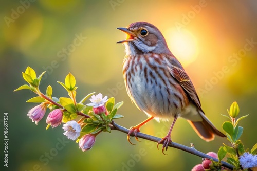 Perched gentle on the branch, the songbird trills a sweet melody into the cool morning air, its feathers